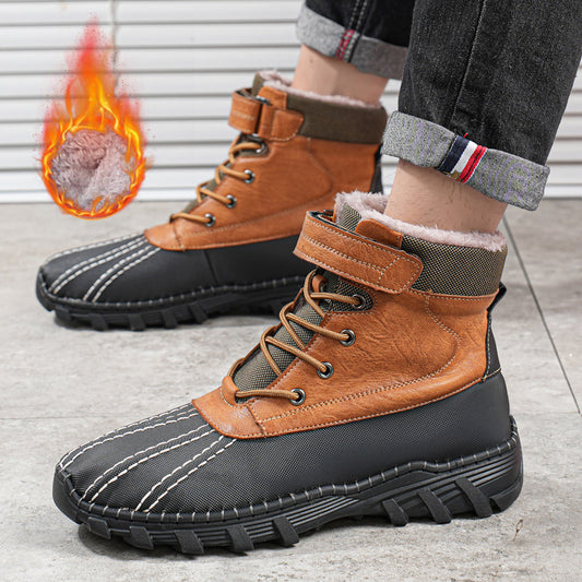 Snow Fleece Lace-up Winter Boots For Men Women Waterproof And Anti-slip Outdoor Work Boot Fashion Warm Mid-tube Cotton Shoes Men