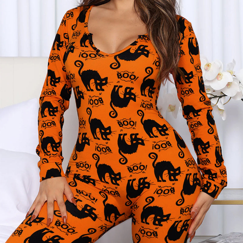 Spooky Chic Halloween Long Sleeve Jumpsuit & Pajama Set